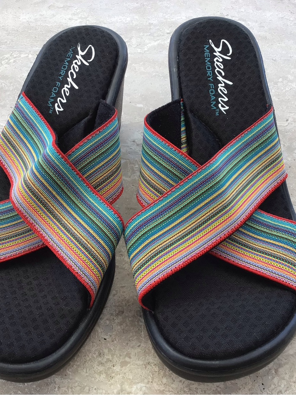 Skechers Women's Black Slide Sandals with Rainbow Striped Cross Straps
